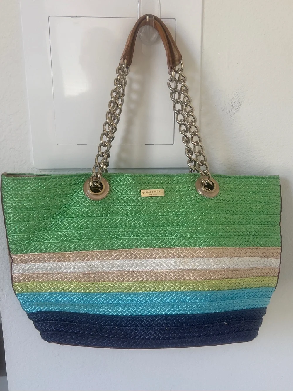 Kate Spade Chelsea Market Mini Coal Straw and Leather Chain Handle Tote Bag